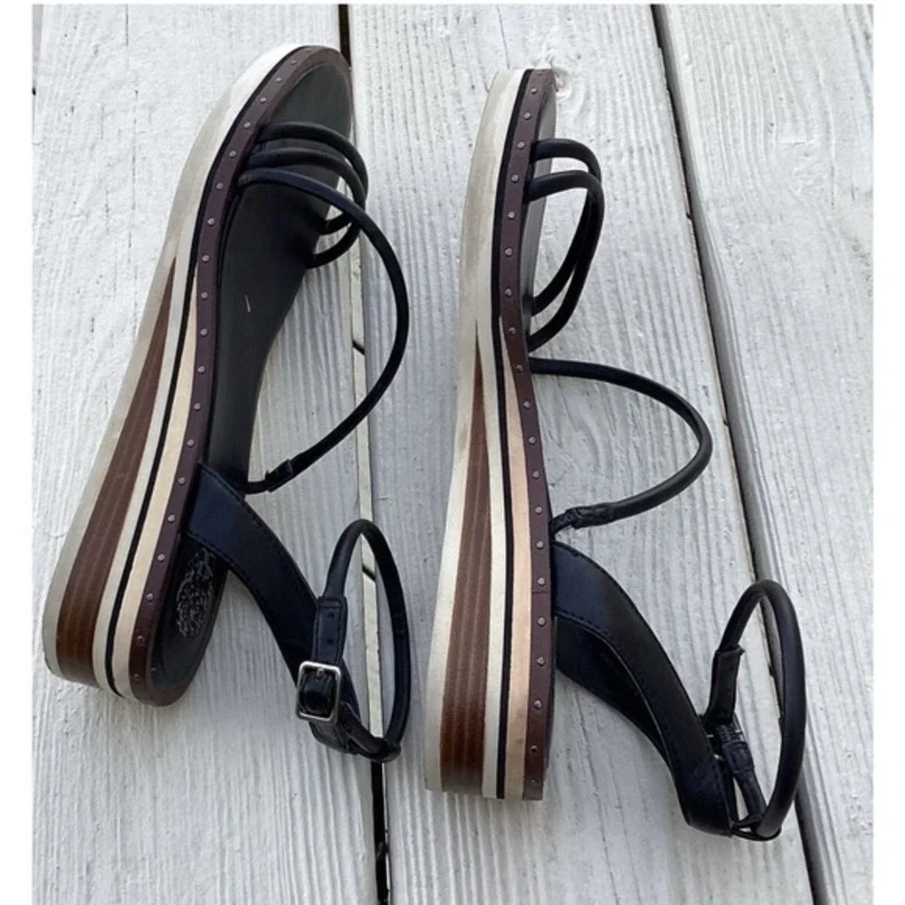 Vince Camuto Black Strappy Platform Wedge Sandals Studded Striped Sole womens 10